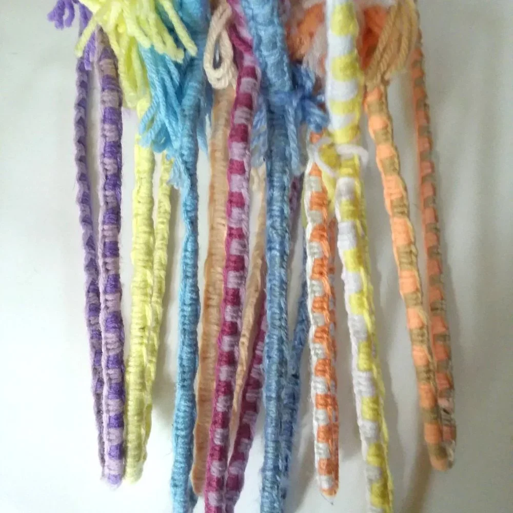 Crocheted Hangers 9 VTG 70s Pom Poms Handmade Metal Boho Retro Granny Knit